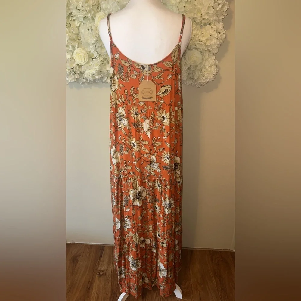 Kori Women’s Burnt Orange Floral Spaghetti Strap Maxi Dress Boho